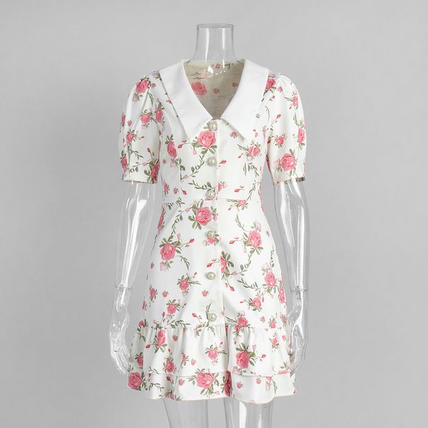 Cross-Border French V-Neck Puff Sleeve European And American 2025 Summer Waist-Cinching Printed Short Ruffle Dress_ecoleips.com