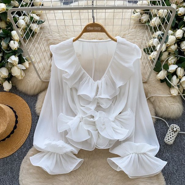Women's French-Inspired V-Neck Blouse Long Sleeve Ruffled Hem Pleated Details Elegant Top for Spring/Summer Versatile Dressy Shirt_ecoleips.com