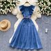 Design Sense V Neck Wood Ear Edge Stitching Single Breasted Waist Slimming Temperament Knee Length Denim Dress_ecoleips.com