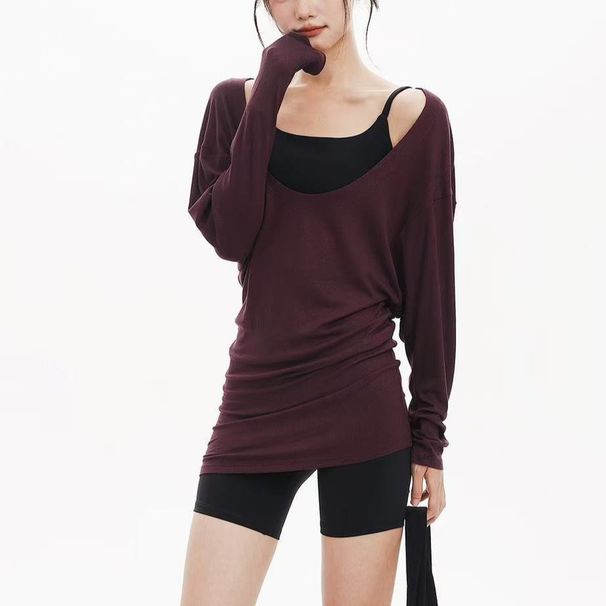 K Fashionable Large U-neck Hip Covering Long Sleeved T-shirt For Sports, Fitness, Yoga, Loose Fit, Waist Cinching, Slimming Top For Women_ecoleips.com