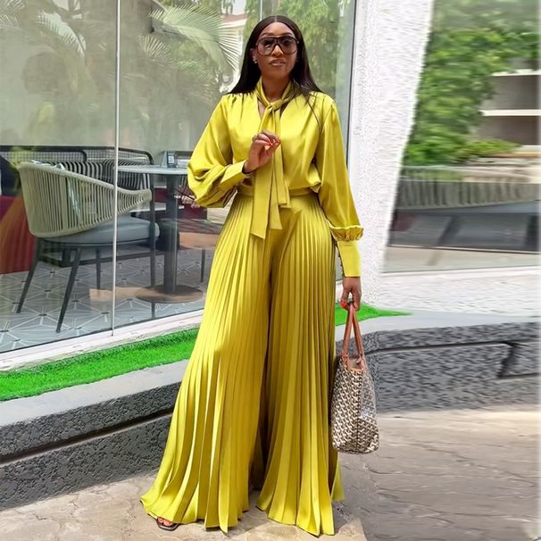 Women's Clothing Sweet Fresh Lace-up V-neck Lantern Sleeve Shirt High Waist Pleated Wide Leg Pants Two-piece Set_ecoleips.com