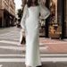 New Women's French Style Dress Square Neckline Spliced Mesh Sheer Flared Sleeves Slim Waist Fishtail Design_ecoleips.com