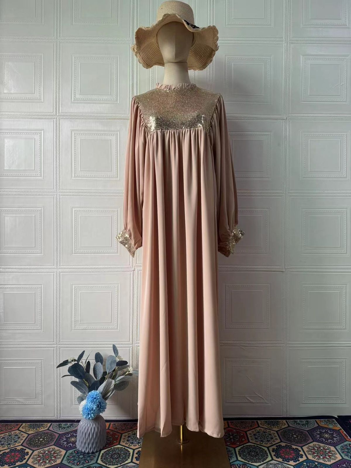 Elegant Long Sleeve Embellished Maxi Dress Women - Vintage Boho Chic Style With Floral Embroidery & Lace Details - Comfortable Polyester Blend Fabric_ecoleips.com