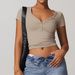 Women's Clothing Sanded Breathable Yoga Short Sleeved V Neck Running Sports Fitness T Shirt Top_ecoleips.com