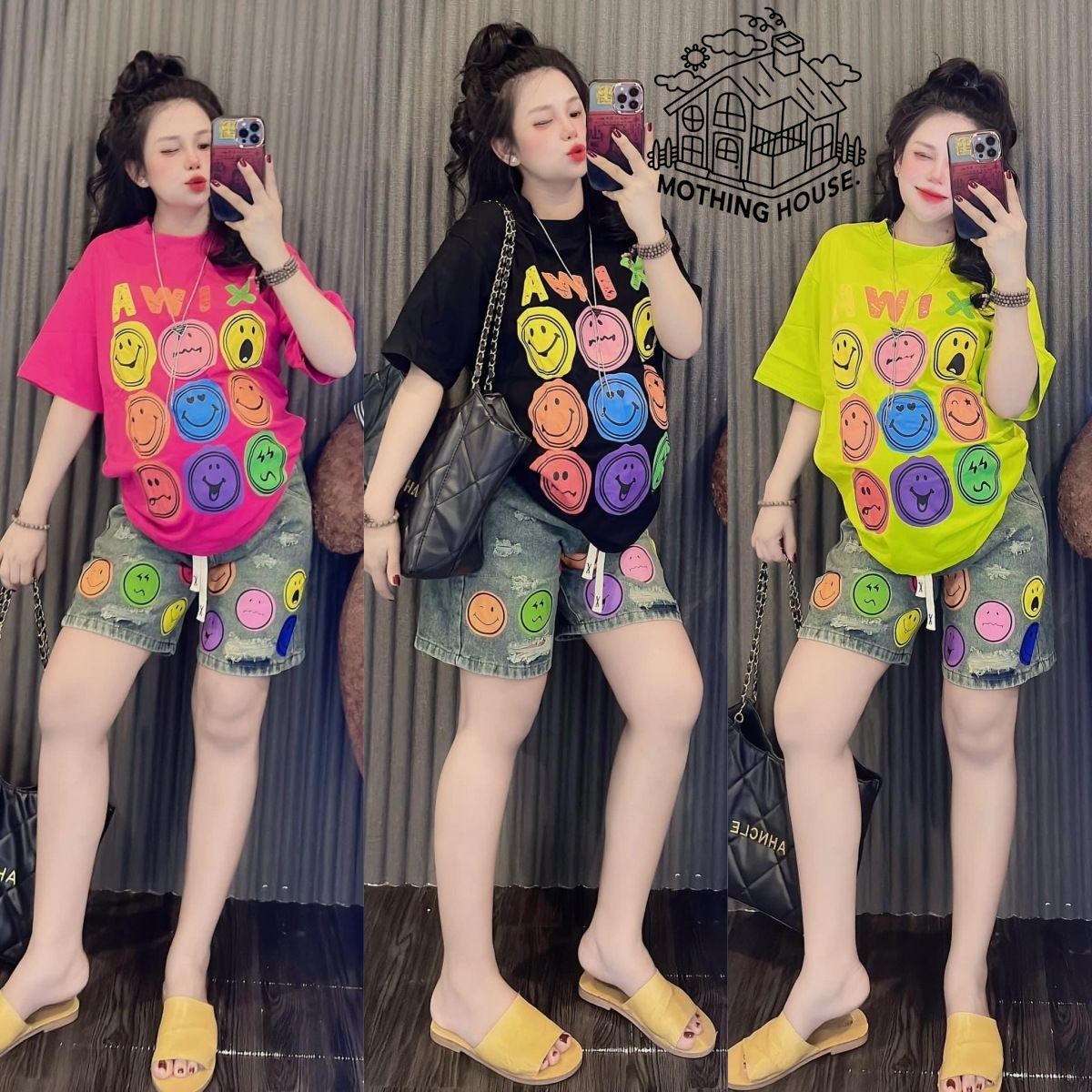 Fashion Women's Summer Casual Two Piece Set Smiley Face Print T-Shirt And Sports Shorts Loose Fit Age Reducing_ecoleips.com