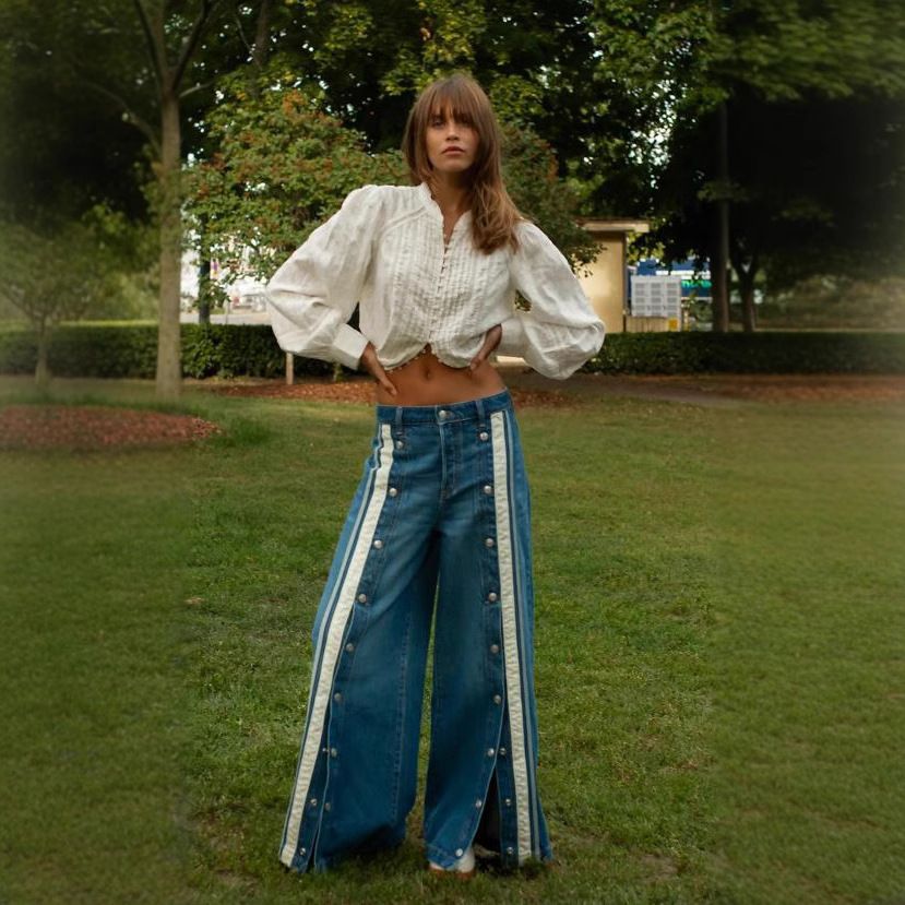 Women's Clothing Fashion Retro Personality Row Split Color Matching Wide Leg Mopping Denim Trousers_ecoleips.com
