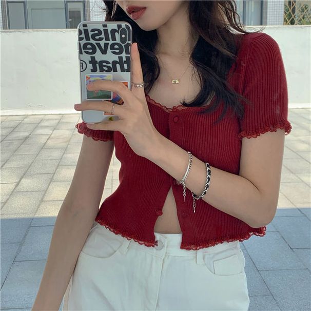 Short Sleeve T-shirts Women Slim Solid Lace O-neck Single Breasted Trendy Chic Sweet Lovely Ulzzang Simple Streetwear Knitted_ecoleips.com