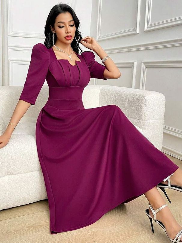 Elegant Long Dress For Women, Fashionable, Waist-Cinching And Slimming Pleated Short-Sleeved Dress_ecoleips.com