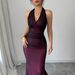 Women's Clothing Elegant Bodycon V-Neck Halter Fishtail Maxi Dress With Waist Pleats - Breathable Mesh Fabric, High Waist Design, Versatile_ecoleips.com