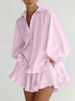 K Women's Fashion Stripe Set With Collar, Bubble Sleeves, Ruffle Edged Shirt, Loose Shorts, Casual Two Piece Set_ecoleips.com