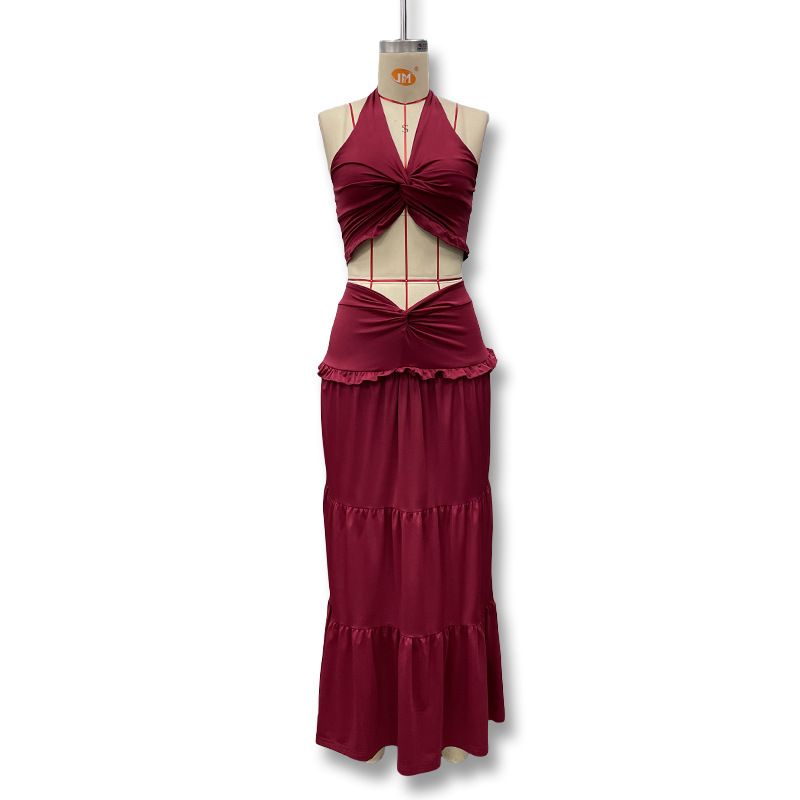 Spring/Summer Women's Two Piece Set Halter Neck Pleated Camisole Top With Ruffled Long Skirt Pant Suit_ecoleips.com