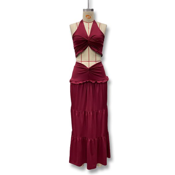 Spring/Summer Women's Two Piece Set Halter Neck Pleated Camisole Top With Ruffled Long Skirt Pant Suit_ecoleips.com