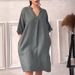 Women's Clothing Fashion Leisure Cotton And Linen Ladies V Neck Loose Large Size Dress_ecoleips.com