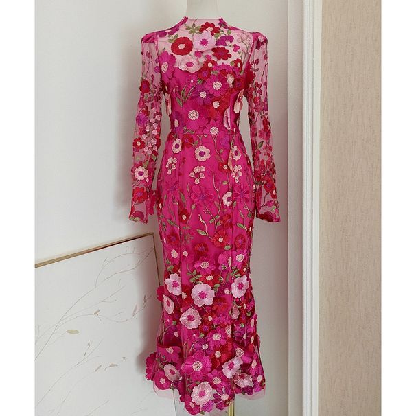 Women's Clothing Mesh Round Neck Long Sleeve Colorful Three Dimensional Flower Hip Fishtail Dress_ecoleips.com