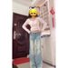Light Blue Women's Flared Jeans Lace Trimmed American Style Low Rise Stretchy Extra Long Floor Length_ecoleips.com