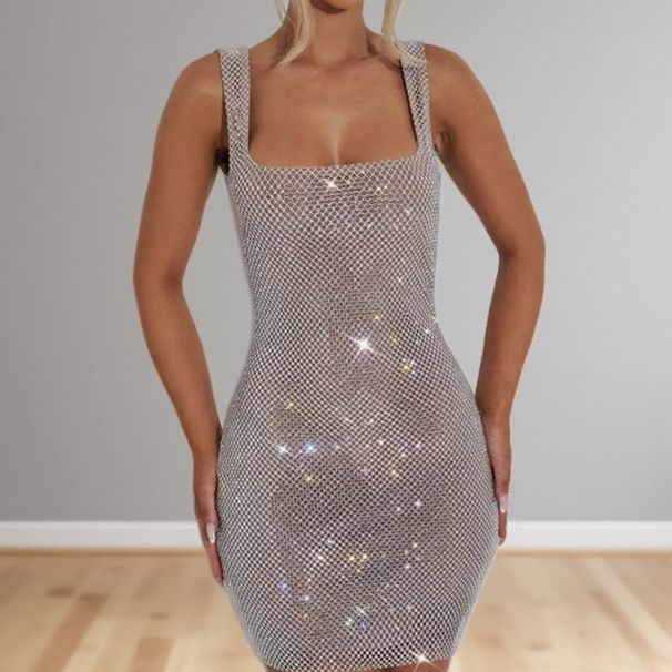 Women's Clothing Elegant Trendy Women's Sleeveless Spaghetti Strap Backless Dress Rhinestone Solid Color Slim Waist Autumn_ecoleips.com