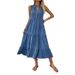 Women's Clothing Pleated Solid Color Stand Collar Sleeveless Dress_ecoleips.com