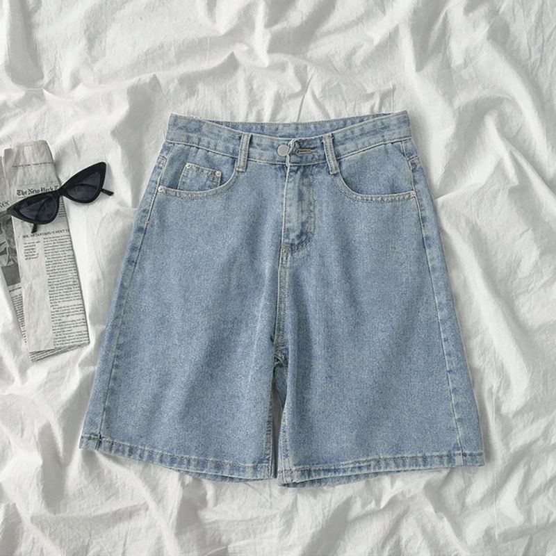 Women's High-Waisted Denim Shorts 5 Point Summer Thin Straight Leg plus Size Loose Fit Wide Leg Mid-Length for Petite_ecoleips.com