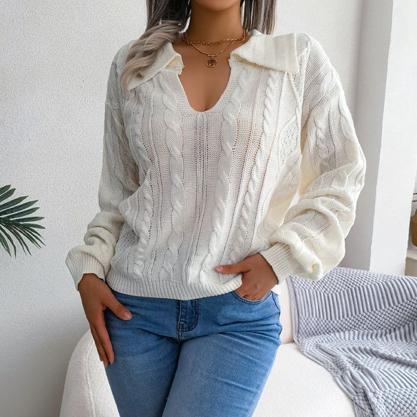 2023 Autumn And Winter Casual Lapel Twist Lantern Sleeve Knitted Sweater Women's Fashion_ecoleips.com