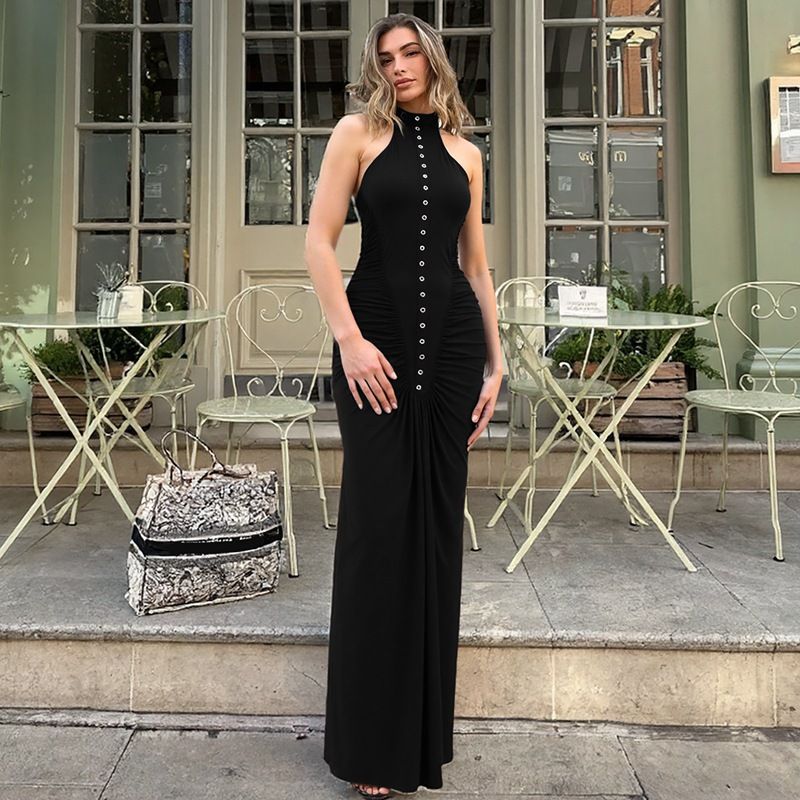 2025 Autumn New Fashion Slim Fit Wrinkled Button Round Neck Sleeveless Dress For Women Wholesale_ecoleips.com
