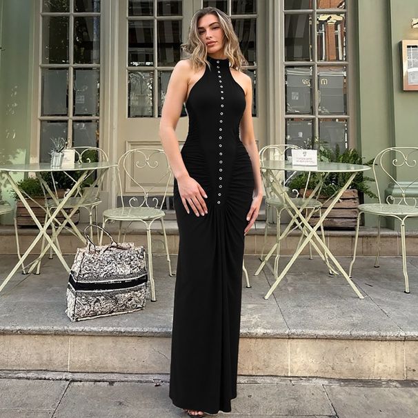 2025 Autumn New Fashion Slim Fit Wrinkled Button Round Neck Sleeveless Dress For Women Wholesale_ecoleips.com