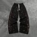 Urban Streetwear Distressed Denim Pants With Rhinestone Star & Rose Embroidery - Elastic Waist Drawstring Wide Leg Joggers For Men & Women_ecoleips.com