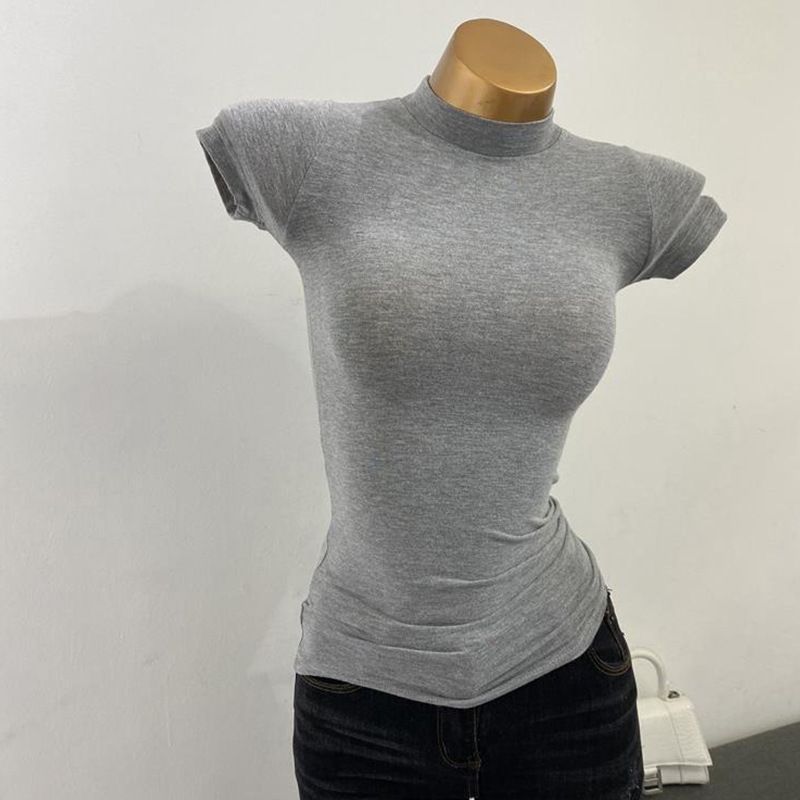 High Neck Short Sleeve T-Shirt for Women Flattering Slim Fit Stretchy Slightly Sheer Solid Color Top for Layering 2024 New Style_ecoleips.com
