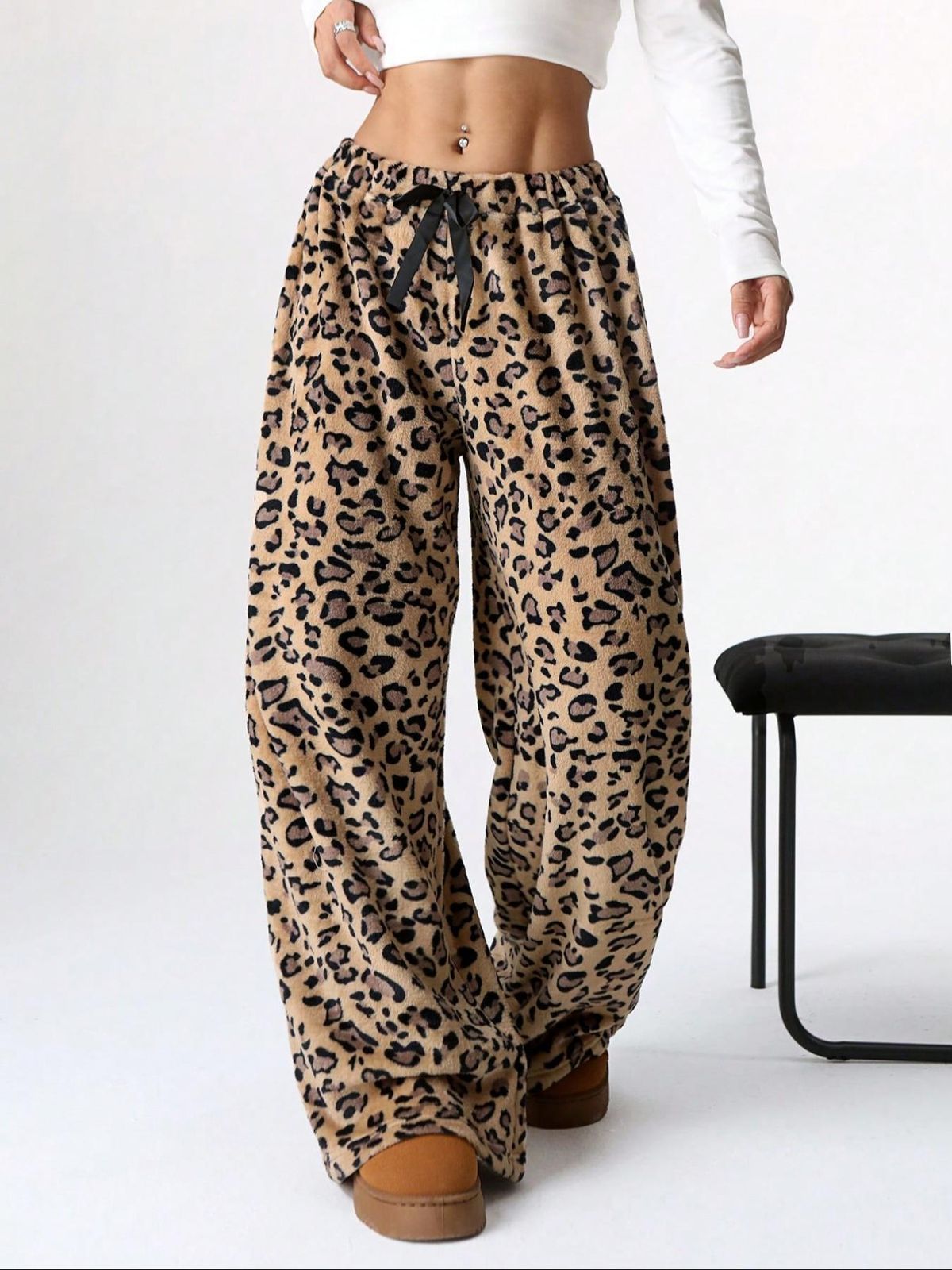 2025 Women's Pajama Pants Autumn Leopard Print Loose Plush Pants -Loose Color Blocking Pajama Trousers Women Clothing_ecoleips.com