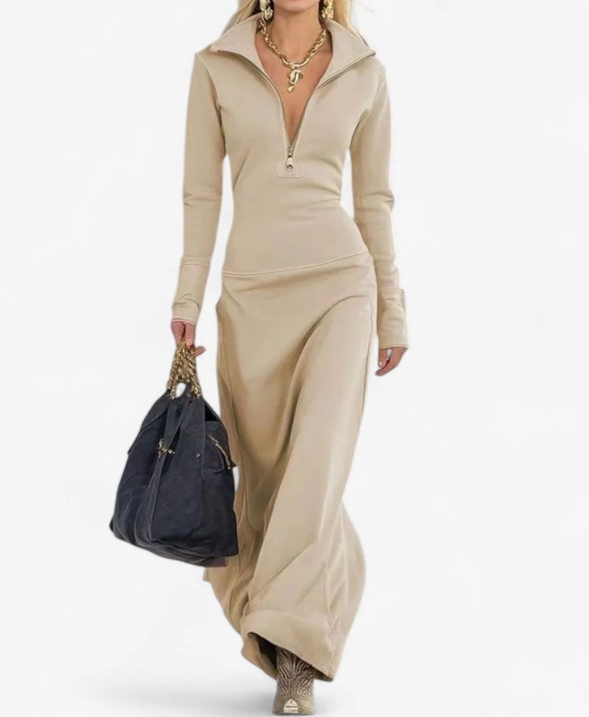 Long Sleeve Zip-Up V-Neck Dress – Minimalist Elegance In Soft Jersey Fabric_ecoleips.com