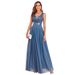 Women’s Clothing Multicolor Splicing Elastic Waist Sleeveless Double V Neck Evening Dress Tulle Embroidery Long Elegant A line Party Dress_ecoleips.com