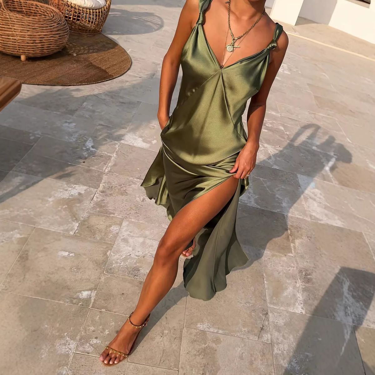 Spring/Summer Satin Camisole Slit Dress For Women Casual INS Vacation Style Fashion_ecoleips.com