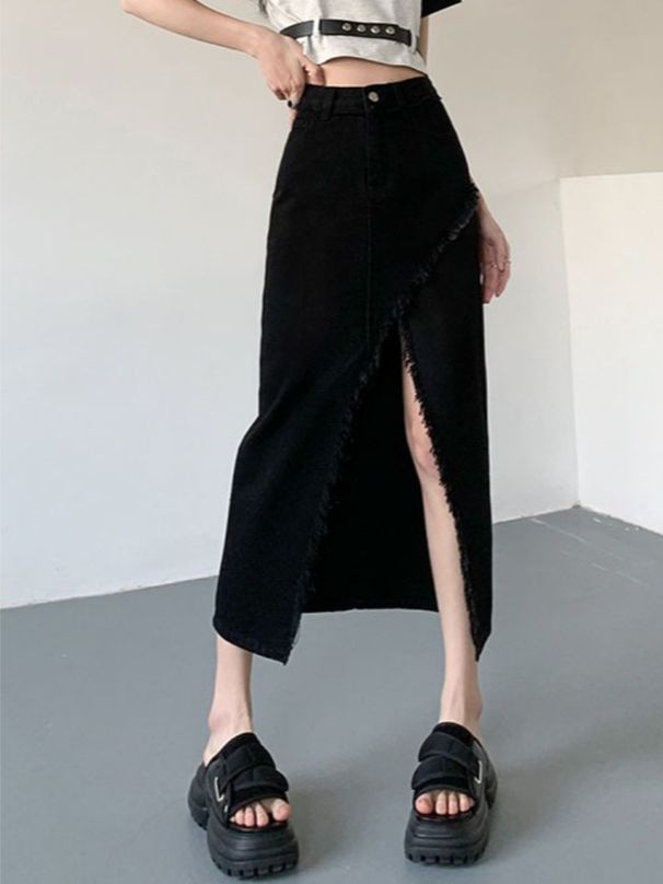 K High Waist Slimming Irregular Split Denim Skirt With Fringed Edge Design, A-line Mid Length Skirt_ecoleips.com