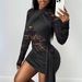 Women's Solid Color Semi High Neck Knitted Lace Patchwork Bodycon Dress Tight Fit Casual Dress_ecoleips.com