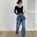 Women’s Clothing South Korea Dongdaemun autumn and winter new retro washed old dark design stitching with waistband jeans_ecoleips.com