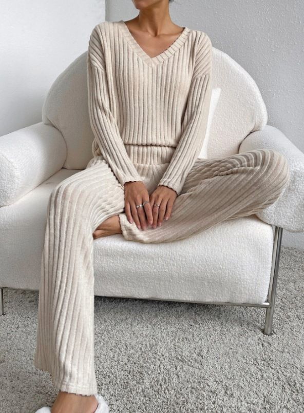 Spring/Summer V-Neck Long Sleeve Pants With Long Pants-Women's Sporty Casual Home Wear Set In Japanese Style_ecoleips.com