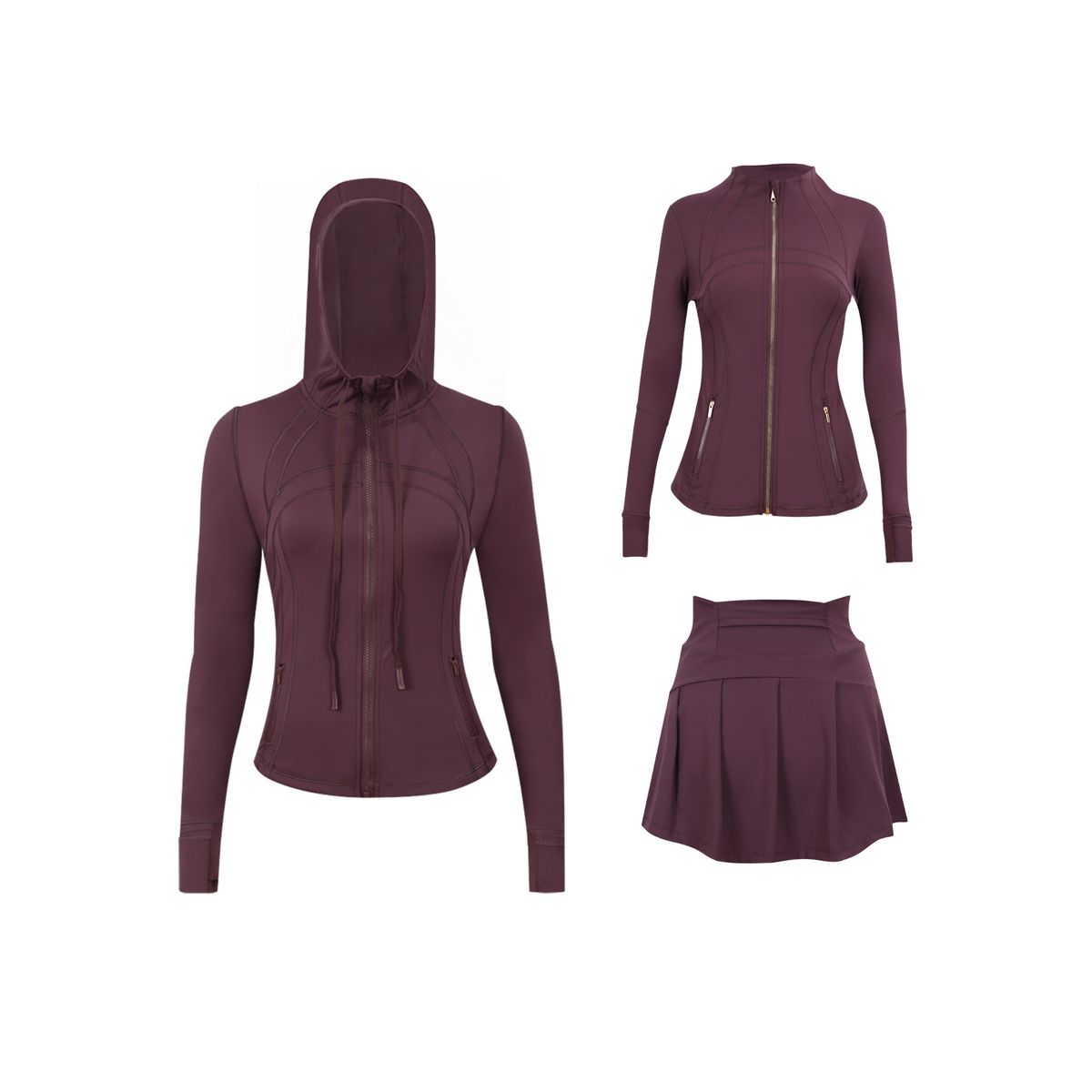 Women's Slim Fit Outerwear Three Piece Set With Hooded Skirt And Gold Jacket In Stock Sports Running Yoga Clothing_ecoleips.com
