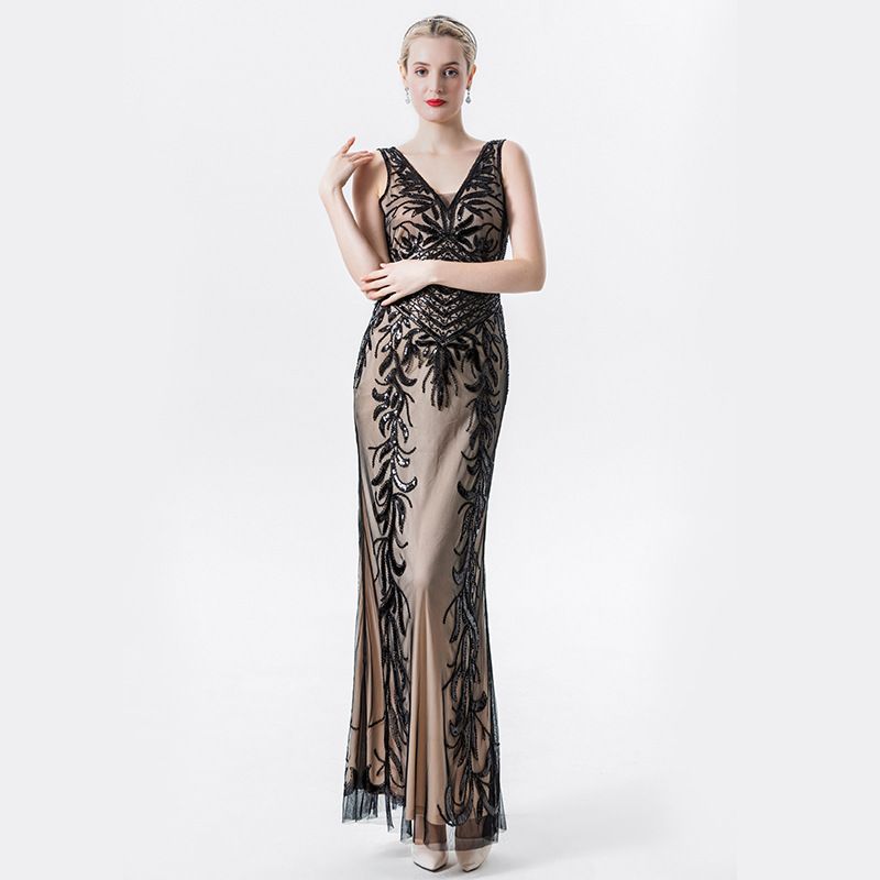 Women's Clothing Elegant Deep V Neck Sequined Dress Slim Fit Long Evening Gown For Women For Parties And Dances_ecoleips.com