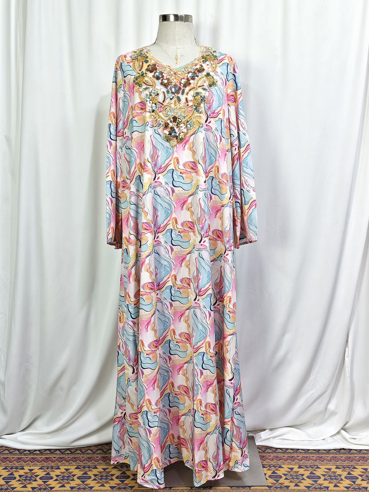 Women's Clothing Robe Muslim Dress Sequin Embroidery V Neck Trumpet Sleeve Loose Long Skirt Female_ecoleips.com