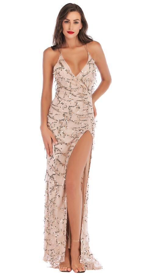 Elegant V-Neck Backless Sequin Evening Dress For Women - Sexy A-Line Long Gown With Slit, Sleeveless & Glamorous For Parties & Special Occasions_ecoleips.com