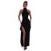 Elegant Chiffon Halter Neck Dress – High Slit & Backless Design For Evening & Party_ecoleips.com
