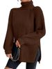 Chunky Knit Sweater Women High Neck Long Sleeve Split Hem Pullover Winter Casual Comfortable Tops_ecoleips.com