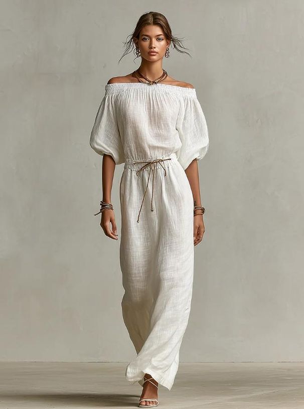 Women's Elegant Casual Solid Color Dress Mid Sleeve Off Neck Summer New_ecoleips.com