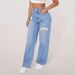 Amazon's European And American Style Cross-border Bestseller: Women's Light Blue High-waisted Ripped Wide-leg Straight_ecoleips.com