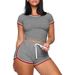 Women's Clothing Solid Color Splicing Short Sleeved Casual Two Piece Suit_ecoleips.com