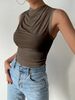 Women's Casual Pleated Design Top Summer Fashion Street Style Solid Color Slim Half High Neck Sleeveless T-Shirt Top_ecoleips.com