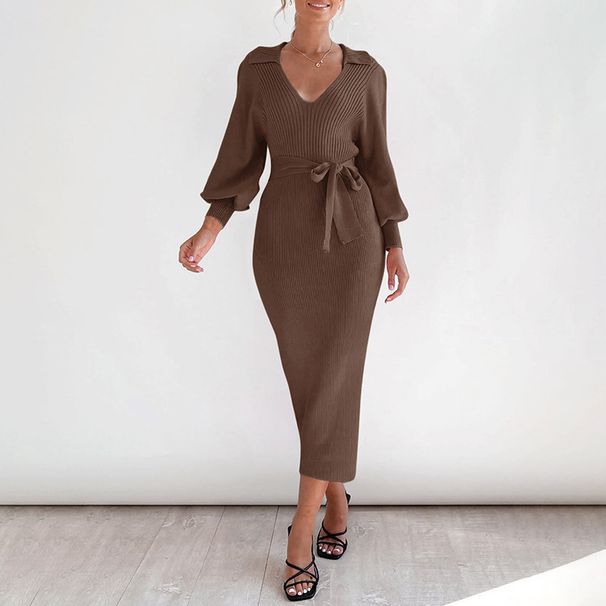 Women’s Elegant Knit Dress – Vintage-Inspired V-Neck Lantern Sleeve Midi Dress (High Waist, Belted Waist, Soft Rayon Blend)_ecoleips.com