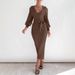 Women’s Elegant Knit Dress – Vintage-Inspired V-Neck Lantern Sleeve Midi Dress (High Waist, Belted Waist, Soft Rayon Blend)_ecoleips.com