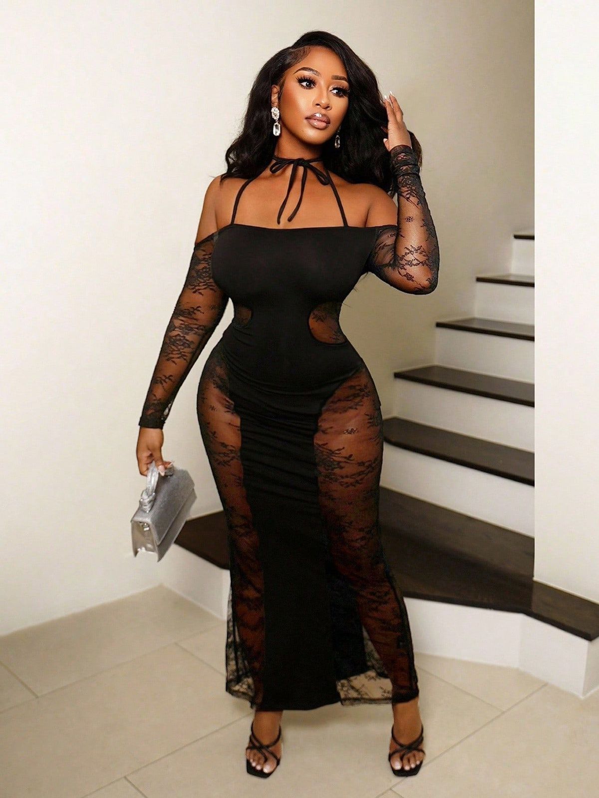 Women's Halter Neck Long Sleeve Dress Sexy Lace Bodycon Hollowed Out For Spring Summer_ecoleips.com