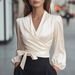 New V-neck Elegant Satin Tie-Waist Top For Women On European And American Independent Stores_ecoleips.com
