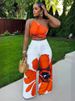 K Fashionable And Sexy Flower Print Single Shoulder Slim Fit Wide Leg Pants Two-piece Set_ecoleips.com